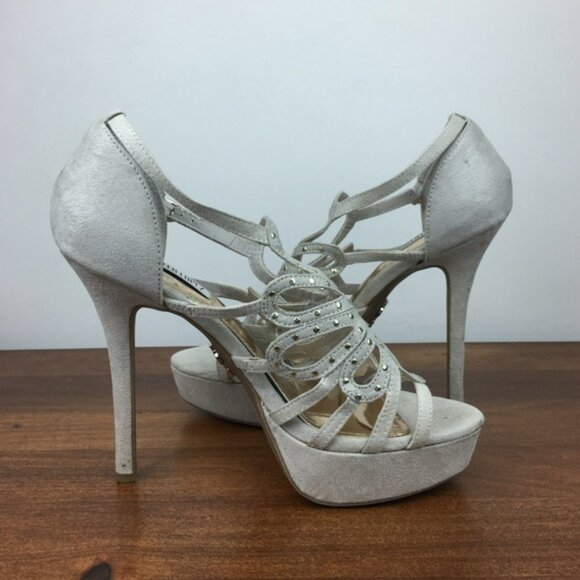 Jennifer Lopez Cream Gold Studded Platform High Heels Suede Women's Size 7M. - Picture 5 of 11